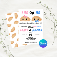Editable She Or He Little Pierog Themed Gender Reveal Party Invitation Template 5x7
