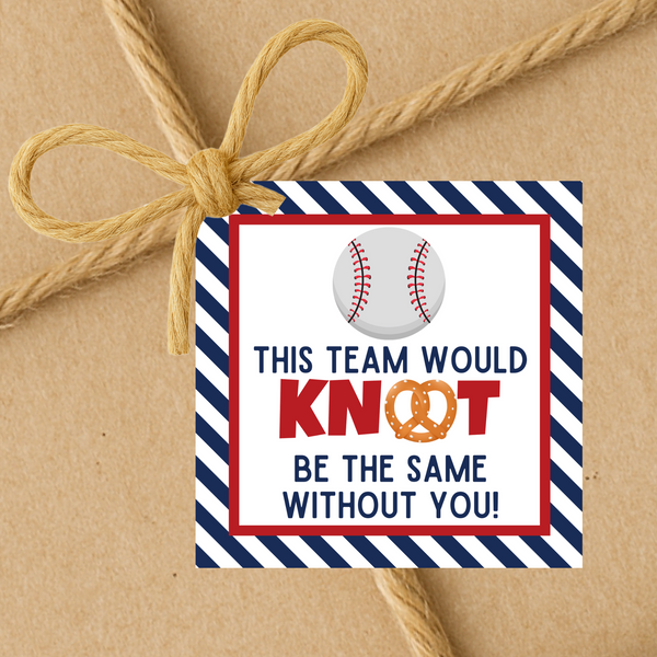 INSTANT DOWNLOAD Baseball This Team Would Knot Be The Same Without You Pretzel Square Gift Tags 2.5x2.5