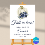Editable Fall Blue Floral Pumpkin Fall In Love Bridal Shower Welcome Sign | Fall Theme | Instant Download | Canva Template | 18x24, 24x36