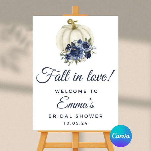 Editable Fall Blue Floral Pumpkin Fall In Love Bridal Shower Welcome Sign | Fall Theme | Instant Download | Canva Template | 18x24, 24x36