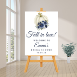 Editable Fall Blue Floral Pumpkin Fall In Love Bridal Shower Welcome Sign | Fall Theme | Instant Download | Canva Template | 18x24, 24x36