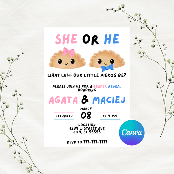 Editable She Or He Little Pierog Themed Gender Reveal Party Invitation Template 5x7