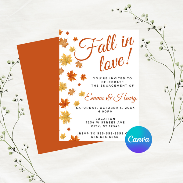 Editable Fall In Love Engagement Invitation | Fall Theme | Instant Download | Canva Template | 5x7