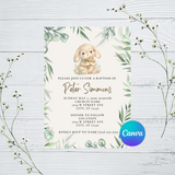 Editable Bunny Eucalyptus Baptism Invitation Template | Instant Download | Canva Template | 5x7