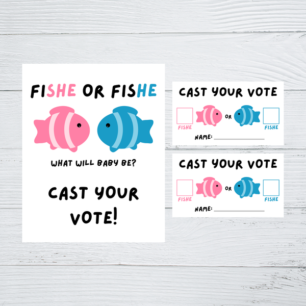INSTANT DOWNLOAD Fish Themed Gender Reveal Cast Your Vote Sign + Voting Cards