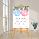 Editable Christmas Pink And Blue Ornament Gender Reveal Welcome Sign | Instant Download | Canva Template, 18x24, 24x36
