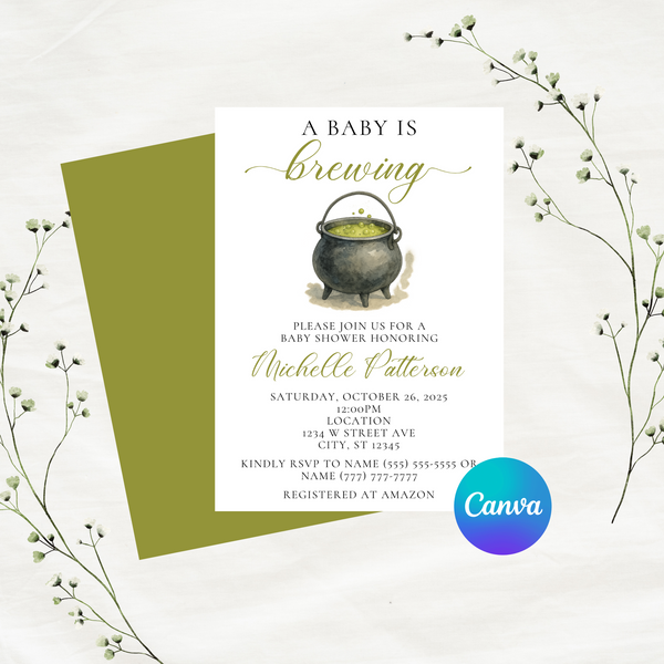 Editable Halloween A Baby Is Brewing Baby Shower Invitation Template  | Instant Download | Canva Template | 5x7