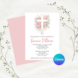 Editable Pink Floral Cross Baptism Invitation Template | Instant Download | Canva Template | 5x7