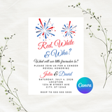 Editable Patriotic Red, White & Who Fireworks Gender Reveal Party Invitation Template 5x7