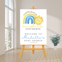 Editable Blue A Little Ray Of Sunshine Is On The Way Baby Shower Welcome Sign | Instant Download | Canva Template | 18x24, 20x30, 24x36