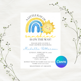 Editable Blue A Little Ray Of Sunshine Is On The Way Baby Shower Invitation Template | Instant Download | Canva Template | 5x7