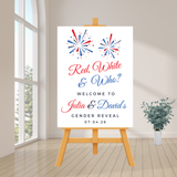 Editable Red, White & Who Gender Reveal Welcome Sign – 4th of July Patriotic Theme, Instant Download, Canva Template, 18x24, 24x36