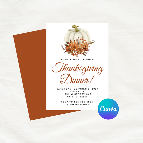 DIGITAL DOWNLOAD ONLY Pumpkin Floral Thanksgiving Dinner Editable Invitation 5x7