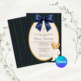 Editable Plaid Preppy Bear In White Suit Baptism Invitation Template | Instant Download | Canva Template | 5x7