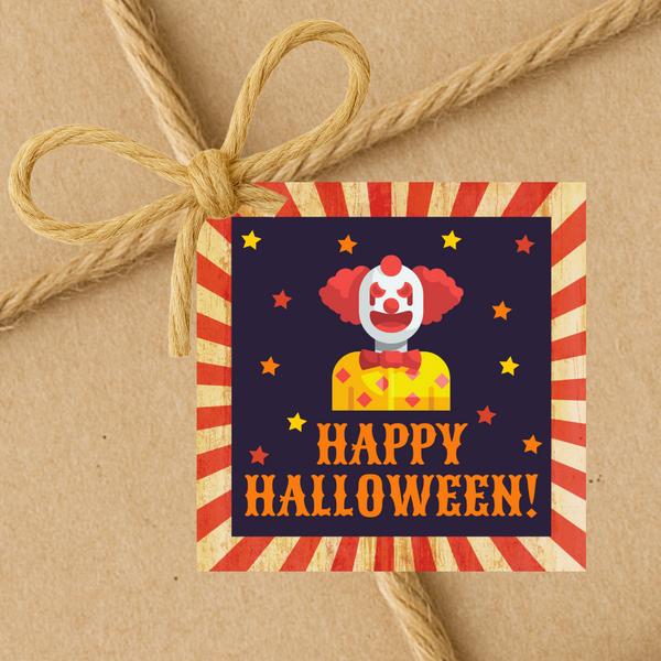 INSTANT DOWNLOAD Circus Themed Clown Happy Halloween Square Gift Tags 2.5x2.5