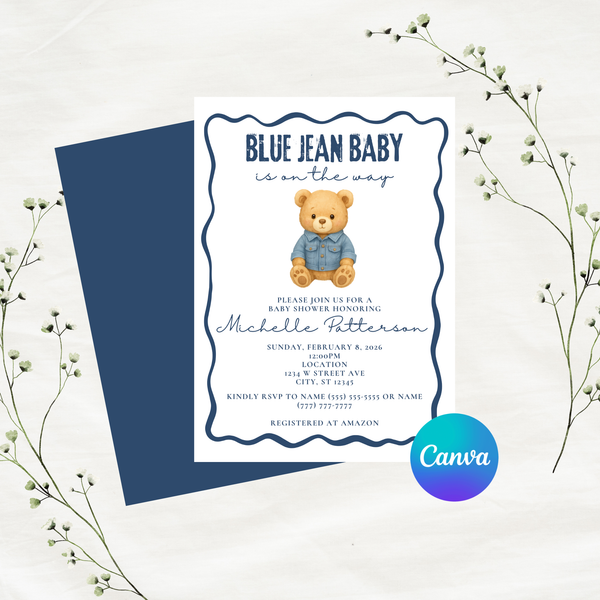 Editable Bear Blue Jean Baby Is On The Way Baby Shower Invitation Template | Instant Download | Canva Template | 5x7