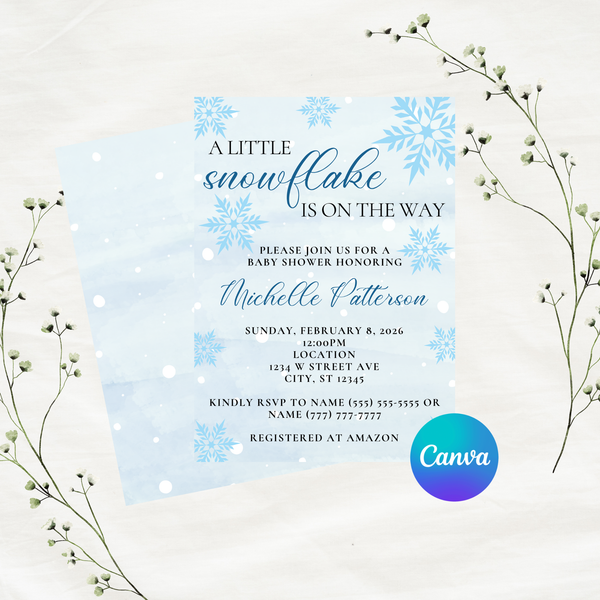Editable A Little Snowflake Is On The Way Baby Shower Invitation Template | Winter Theme | Instant Download | Canva Template | 5x7