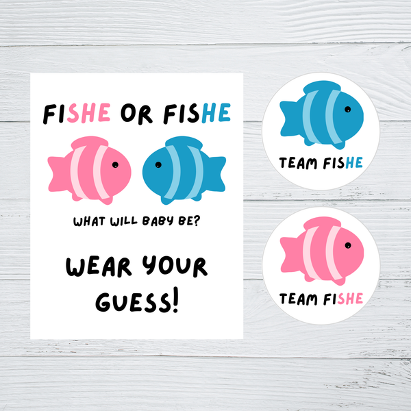 INSTANT DOWNLOAD Fish Themed Gender Reveal Team Fishe Round Stickers 2"