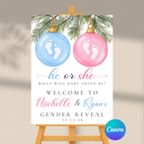Editable Christmas Pink And Blue Ornament Gender Reveal Welcome Sign | Instant Download | Canva Template, 18x24, 24x36