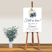 Editable Fall Blue Floral Pumpkin Fall In Love Bridal Shower Welcome Sign | Fall Theme | Instant Download | Canva Template | 18x24, 24x36