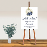 Editable Fall Blue Floral Pumpkin Fall In Love Bridal Shower Welcome Sign | Fall Theme | Instant Download | Canva Template | 18x24, 24x36