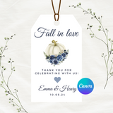 Editable Fall Blue Floral Pumpkin Fall In Love Engagement Bridal Shower Gift Tags | Fall Theme | Instant Download | Canva Template | 2x3.5
