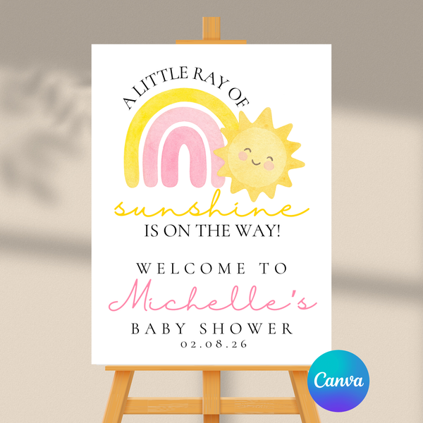 Editable Pink A Little Ray Of Sunshine Is On The Way Baby Shower Welcome Sign | Instant Download | Canva Template | 18x24, 24x36