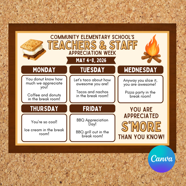 Editable S'mores Themed Teachers & Staff Appreciation Week Itinerary Poster – Instant Download – Customizable PDF