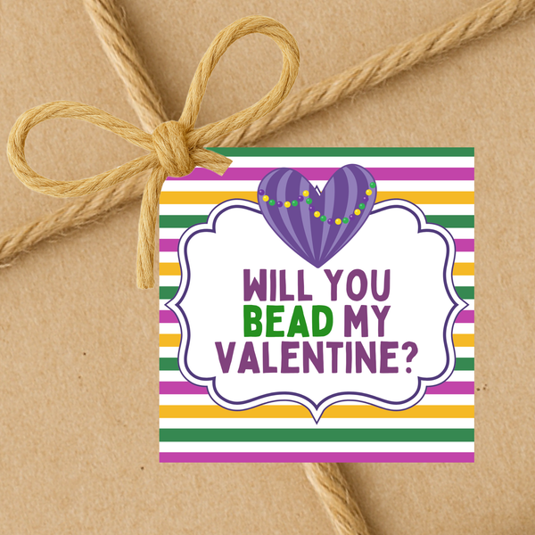INSTANT DOWNLOAD Mardi Gras Will You Bead My Valentine Square Gift Tags 2.5x2.5