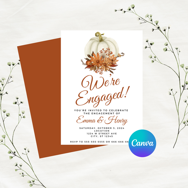 Editable Fall Floral Pumpkin We're Engaged Engagement Invitation | Fall Theme | Instant Download | Canva Template | 5x7