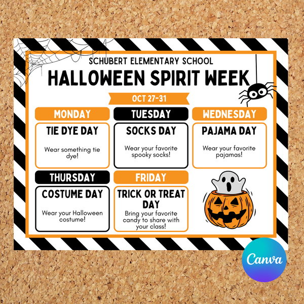 Editable School Halloween Spirit Week Itinerary Poster – Instant Download – Customizable PDF
