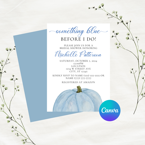 Editable Fall Something Blue Before I Do Bridal Shower Invitation | Blue Pumpkin | Fall Theme | Instant Download | Canva Template | 5x7