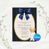 Editable Plaid Preppy Bear In White Suit Baptism Invitation Template | Instant Download | Canva Template | 5x7