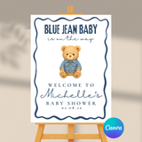 Editable Bear Blue Jean Baby Is On The Way Baby Shower Welcome Sign | Instant Download | Canva Template | 18x24, 24x36