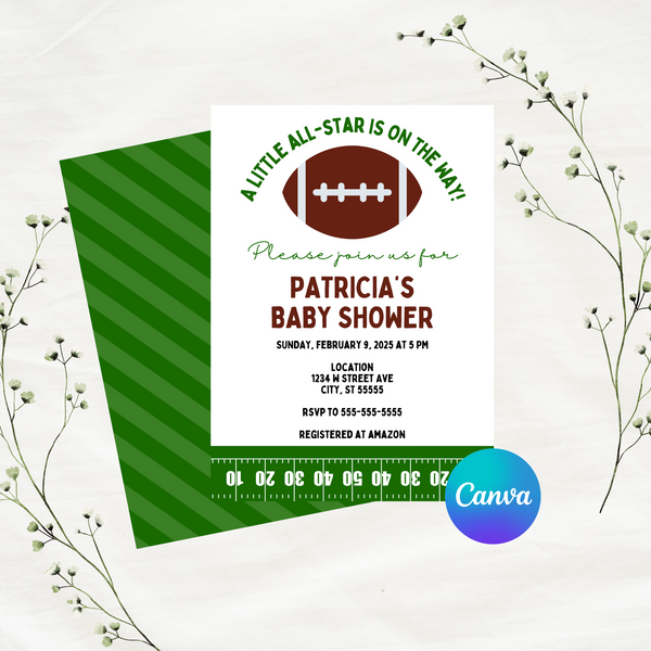 Editable Football A Little All-Star Is On The Way Baby Shower Invitation Template | Instant Download | Canva Template | 5x7