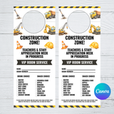 Editable Construction Theme Teachers & Staff Appreciation Week VIP Room Service Door Hanger 3.5x8.5