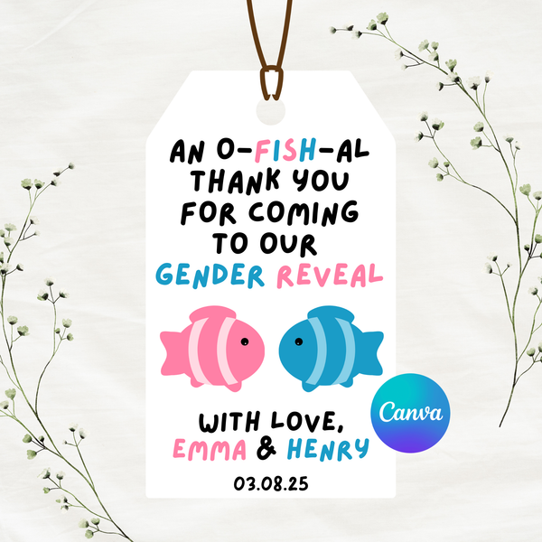 DIGITAL DOWNLOAD ONLY Fish Themed Gender Reveal Editable Gift Tags 2x3.5