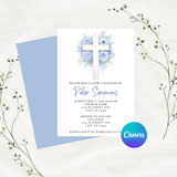 Editable Blue Floral Cross Baptism Invitation Template | Instant Download | Canva Template | 5x7