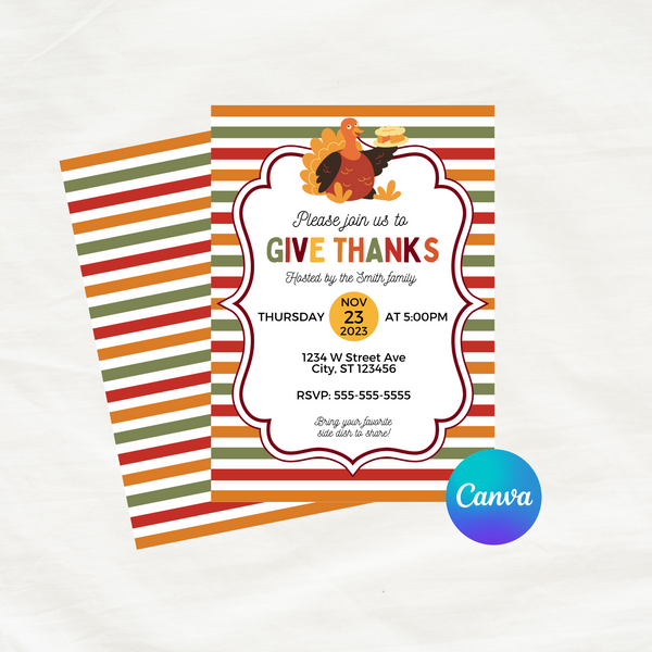 DIGITAL DOWNLOAD ONLY Thanksgiving Give Thanks Editable Invitation 5x7