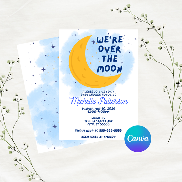 Editable Blue We're Over The Moon Baby Shower Invitation Template | Instant Download | Canva Template | 5x7