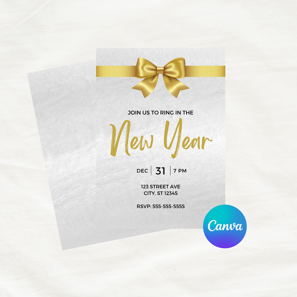 DIGITAL DOWNLOAD ONLY Gold Bow Ring In The New Year Editable Invitation 5x7