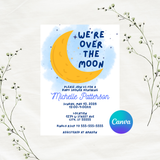 Editable Blue We're Over The Moon Baby Shower Invitation Template | Instant Download | Canva Template | 5x7