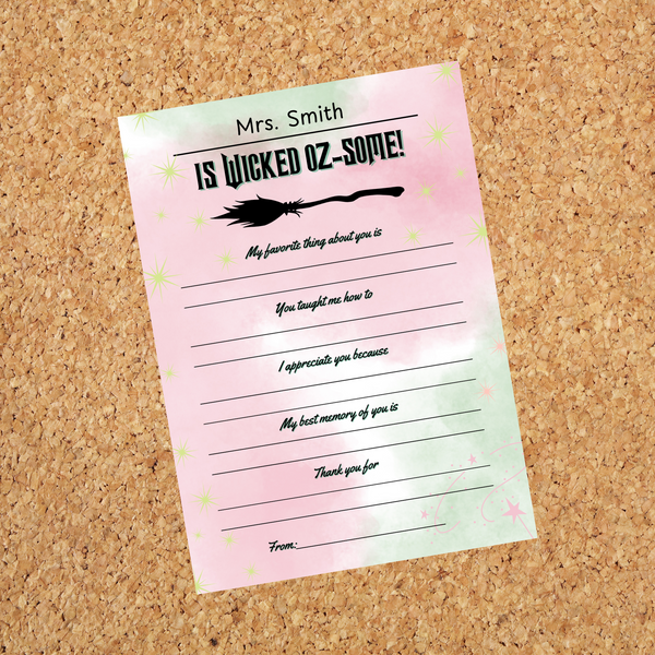 INSTANT DOWNLOAD Wicked Themed Teacher Questionnaire 5x7