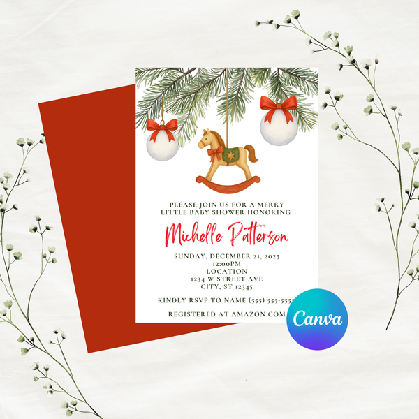 Editable Christmas A Merry Little Baby Shower Invitation | Christmas Theme | Instant Download | Canva Template, 5x7