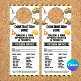 Editable Construction Theme Teachers & Staff Appreciation Week VIP Room Service Door Hanger 3.5x8.5
