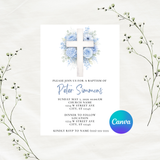 Editable Blue Floral Cross Baptism Invitation Template | Instant Download | Canva Template | 5x7