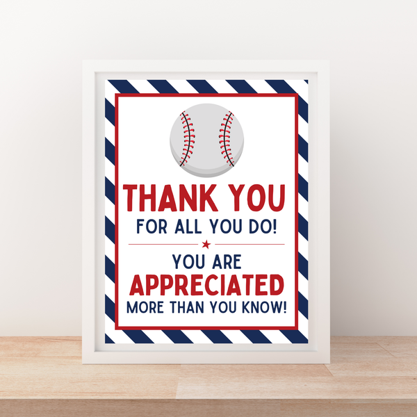 INSTANT DOWNLOAD Baseball Thank You For All You Do Appreciation Sign 8x10