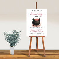 Editable Pink Halloween A Baby Is Brewing Baby Shower Welcome Sign | Halloween Theme | Instant Download | Canva Template | 18x24, 24x36