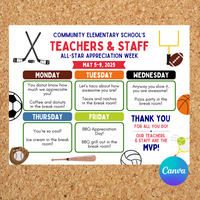 DIGITAL DOWNLOAD Sports Themed Teachers & Staff Appreciation Week Itinerary Poster 11x8.5