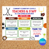 DIGITAL DOWNLOAD Sports Themed Teachers & Staff Appreciation Week Itinerary Poster 11x8.5